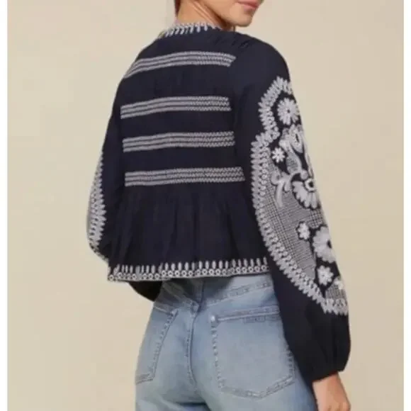 7 for all Mankind Embroidered Navy Blue balloon sleeve top smocked shacket